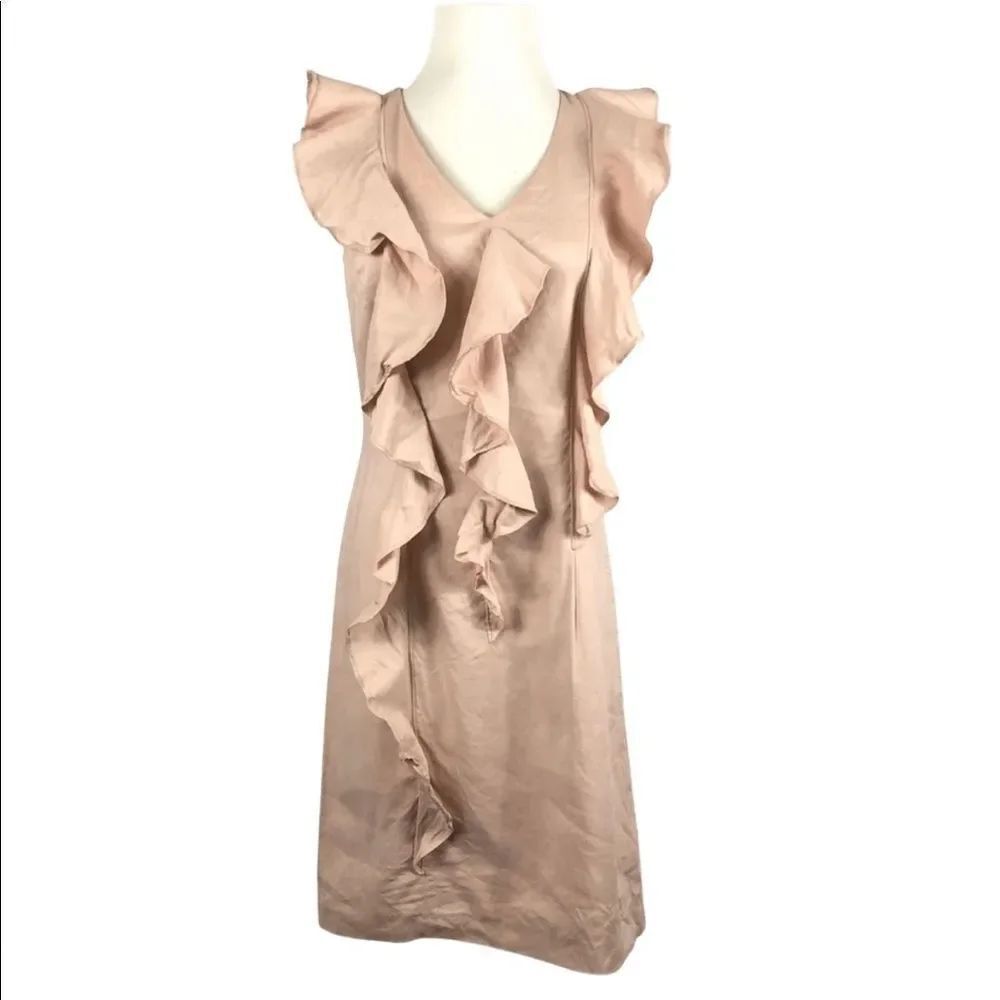 SAKS 5TH AVE Nude Pink Organza Ruffled Sleveless V-neck Mini Dress